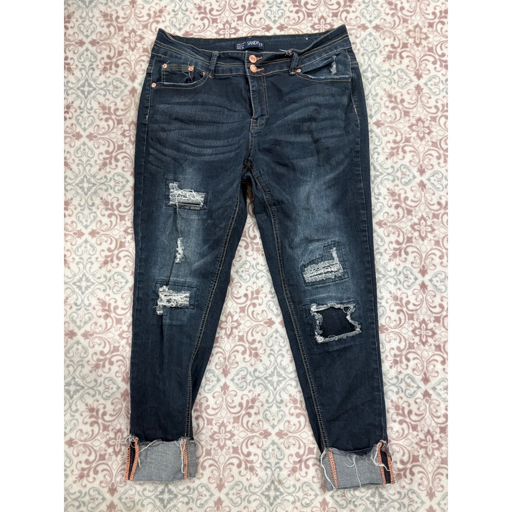 Sandpiper Distressed Dark Wash Skinny Jeans Size 14 Double Button Cuffed Hem